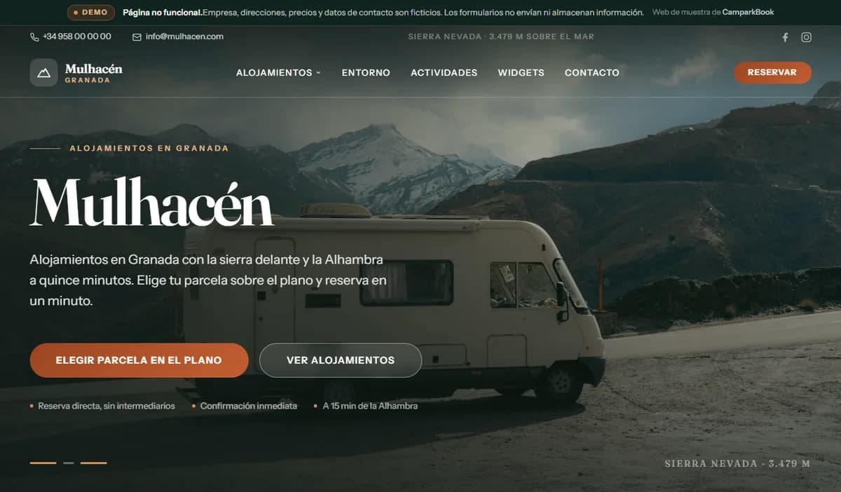 Home page of the Mulhacén sample website, built with CamparkBook